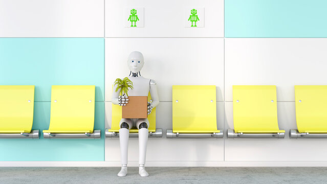 Robot with cardboard box and potted plant sitting on a seat, 3D Rendering