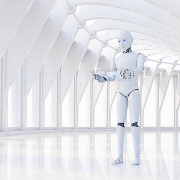 Robot using futuristic tablet, 3d rendering