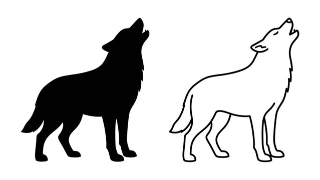 Wolf Howling Silhouette: A striking black silhouette of a wolf stands in profile, head tilted back and mouth open in a powerful howl, contrasted with a white outline drawing of the same pose.