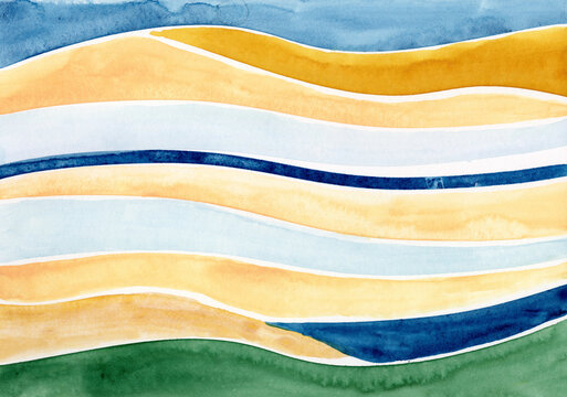 Abstract watercolor painting features wavy lines and copy space