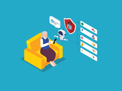 AI Financial Safety Assistant Protecting Elderly Woman Online Banking and Security 3d isometric vector illustration