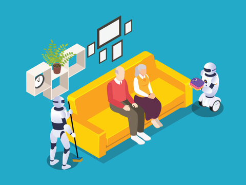 Elderly Couple Assisted by Domestic Robots at Home 3d isometric vector illustration