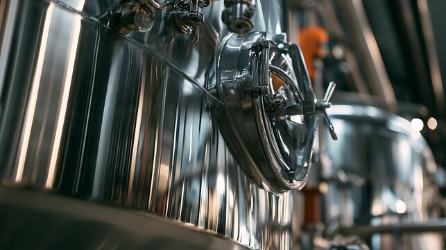 Close up view of stainless steel industrial fermentation tank in a brewery.