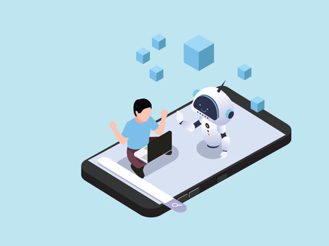 AI Mobile Search Engine and Smartphone Chatbot Assistance 3d isometric vector illustration