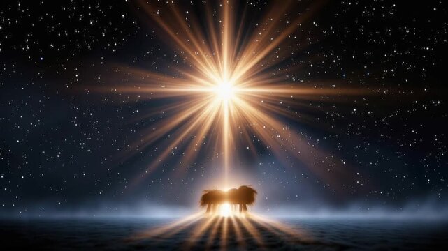 A radiant star shines brightly in the night sky, casting ethereal rays of light upon a silhouette of oxen in a manger. ..Created with Generative AI, not depicting real subjects.