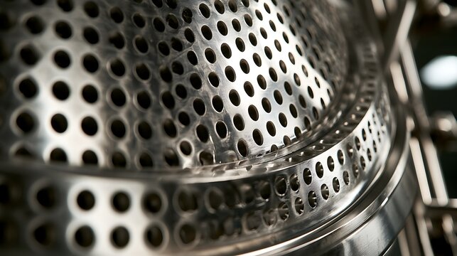 Close up view of metallic perforated drum inside a commercial laundry machine.