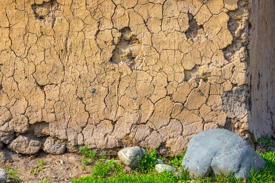 Cracked Wall with Stones and Grass