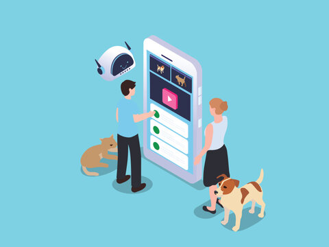 AI Mobile Pet Care and Online Video Streaming Concept 3d isometric vector illustration