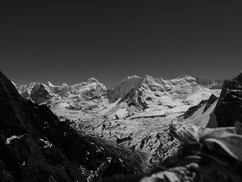 Black and white landscape of the majestic Himalayan mountain range in the Khumbu region of Nepal