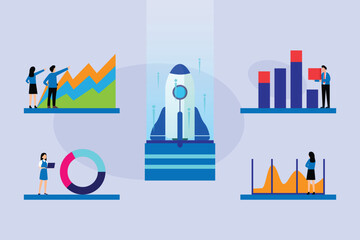 Fototapeta premium Business Startup Launch and Financial Data Analysis Concept 2d flat vector illustration