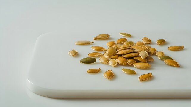 Roasted pumpkin seeds scattered across a smooth white marble surface captured with soft natural studio lighting