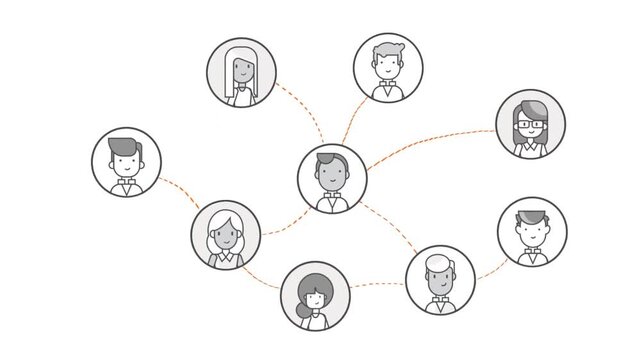 2D animation of an interconnected network diagram connecting user avatar profile icons social connection concept