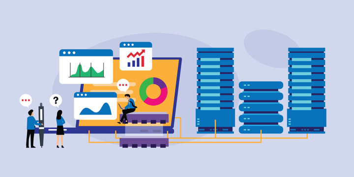 Big Data Analytics and Server Hosting of Business People Analyzing Laptop Charts 2d flat vector illustration