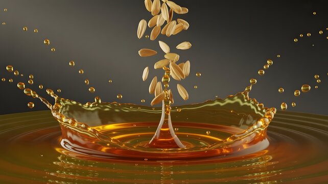 Sunflower seeds falling into golden liquid oil creating dynamic splash with ripples on dark gray background
