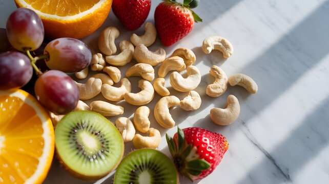 Fresh assortment of cashews strawberries orange slices and kiwi fruits arranged on bright white marble surface