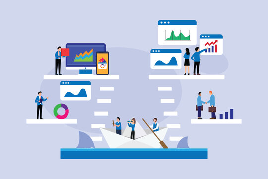 Business Risk and Strategy of People Navigating Paper Boat Among Sharks and Analyzing Data 2d flat vector illustration