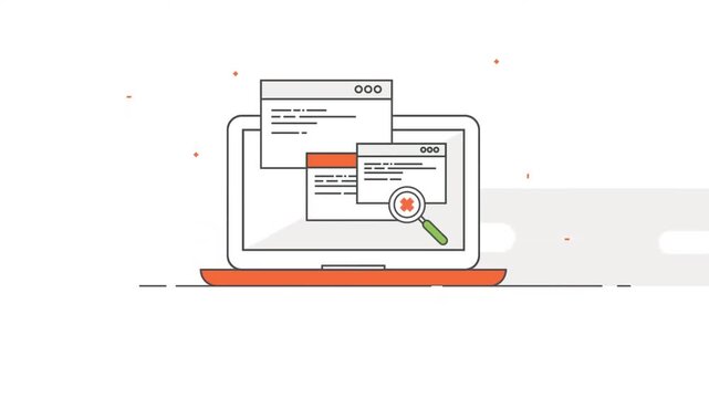 2D animation close up of a laptop screen processing document files with stamp seal badge online verification