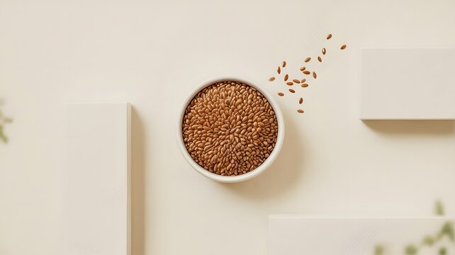 Organic brown flax seeds poured into a small white bowl on a soft beige background