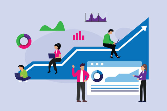 Business Data Analytics and Growth Strategy with Team Working on Laptops, Growing Arrow Chart, and Financial Dashboard 2d flat vector illustration