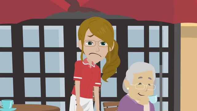 2D animation of a sad waitress in red apron looking concerned next to an elderly customer in a restaurant cafe