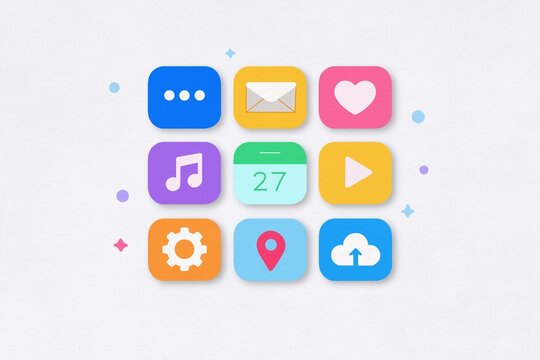 A colorful digital app icon grid displays on a white background