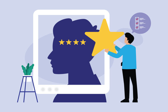 Customer Review, Five Star Rating, and Performance Evaluation Concept 2d flat vector illustration
