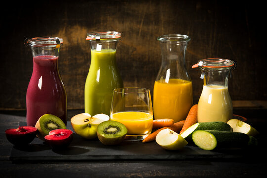 Various smoothies, fruits and vegetables