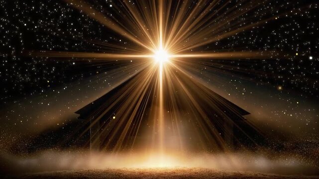 The Star of Bethlehem shines brilliantly above a silhouette of a manger scene. ..Created with Generative AI, not depicting real subjects.