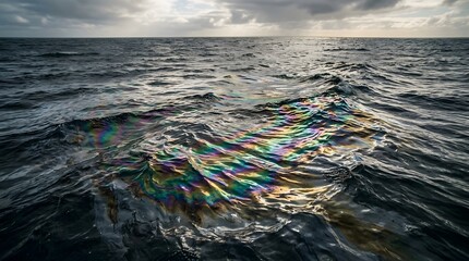 Naklejka premium Rainbow oil slick floating on dark ocean waves under cloudy sky