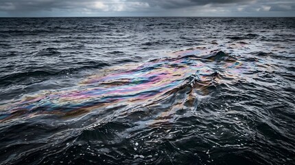 Naklejka premium Oil slick floating on dark ocean water under cloudy sky