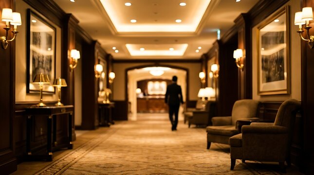 Businessman in dark suit walking through a luxurious hotel corridor with warm golden ambient lighting interior