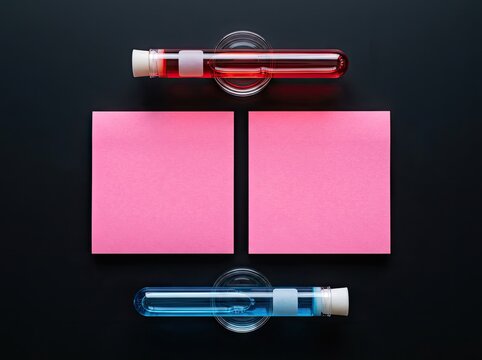 Test tubes with colorful liquid and blank notes suitable for medical research content symbolizing scientific experiment and data analysis