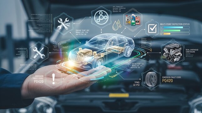 Digital Mechanic Holding a Holographic Vehicle Diagnostic Interface for Advanced Automotive Maintenance and Repair Technology