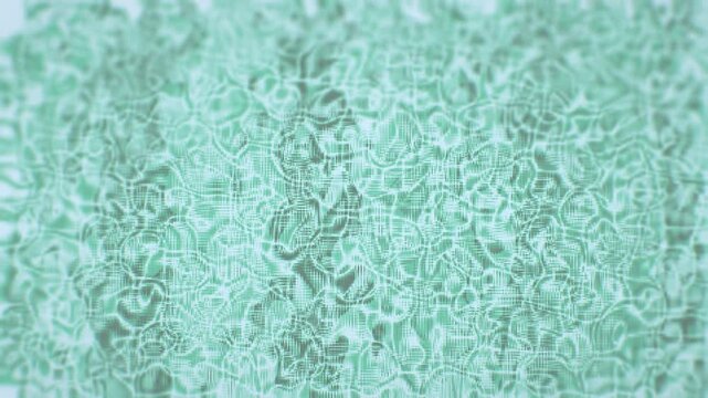 Seamless 3D loop animation of an aqua abstract pattern with halftone and crosshatch texture, soft blur, and subtle noise. Ideal as a modern textured graphic backdrop.