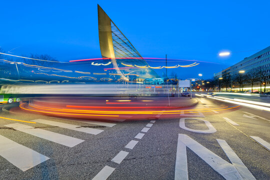 Germany, Hamburg, central bus terminal at twilight