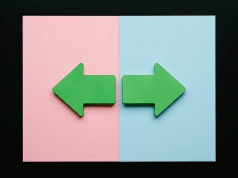 Green arrows pointing left and right on split pink and blue background ideal for decision making media symbolizing choice and opposing directions