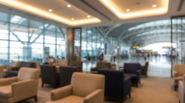Blurred airport lounge seating area featuring comfortable modern armchairs under soft warm recessed ceiling lighting fixtures