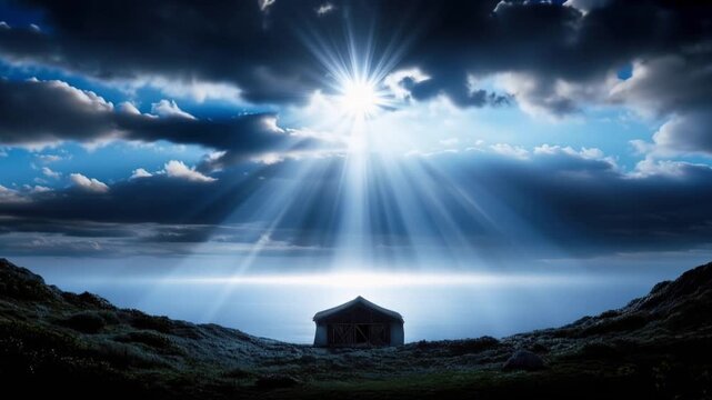 Sunbeams pierce through dramatic storm clouds, illuminating a solitary. ..Created with Generative AI, not depicting real subjects.
