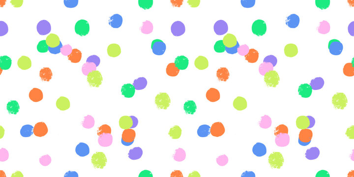Seamless polka dot pattern. Cute birthday repeated round confetti wrapping design. Vector wallpaper with colored circles on white background