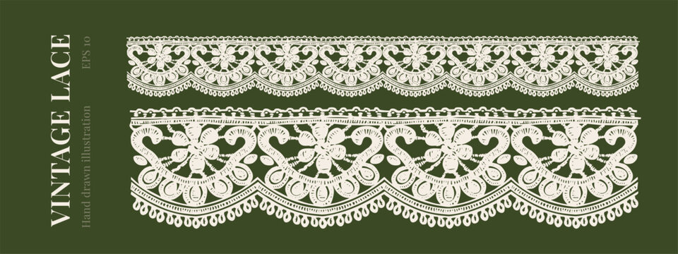 Vintage lace border with floral ornaments, elegant handcrafted elements. Wedding invitations, bridal stationery, textile design, fabric decoration concept. Hand drawn vector illustration.