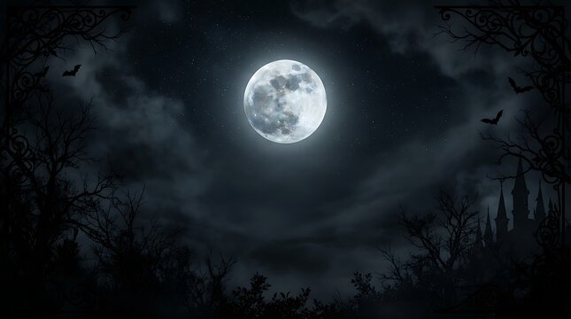 A bright full moon shining in the dark night sky surrounded by thick wispy clouds and shadows