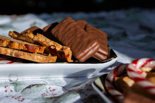 Sweet snack food on plate at Christmas party event