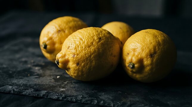 Group of four fresh yellow lemons sitting on a dark rustic stone table in a moody kitchen lighting setup