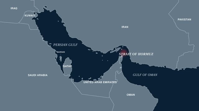 Animated map of the Strait of Hormuz with a pulsating red dot and country labels. Map of the Middle East and Persian Gulf.