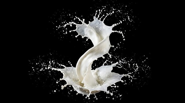 Fresh white milk splash swirling in a dynamic motion with liquid droplets isolated on a solid dark black background