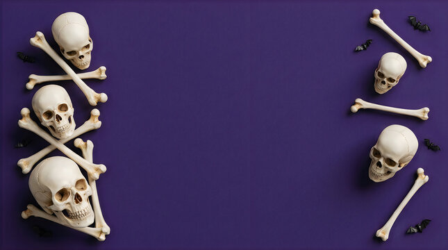 Human skulls and bones arranged as a decorative border on a dark purple textured paper background
