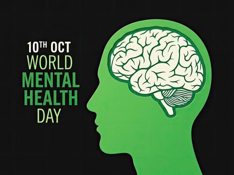 Green head silhouette with brain drawing for World Mental Health Day campaigns symbolizing psychological awareness and emotional wellness