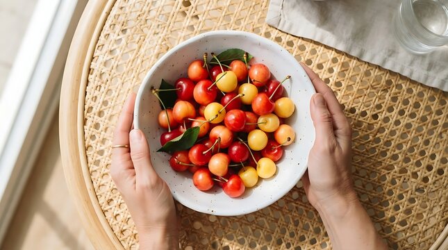 Top view of a person holding a ceramic bowl filled with fresh red and yellow sweet cherries on a wicker table