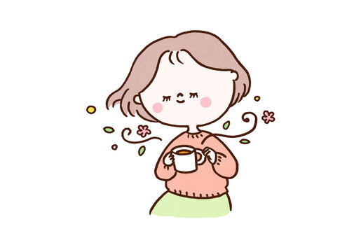 Woman wearing a knit sweater relaxing by drinking aromatic herbal tea, autonomic nervous system or menopause care concept