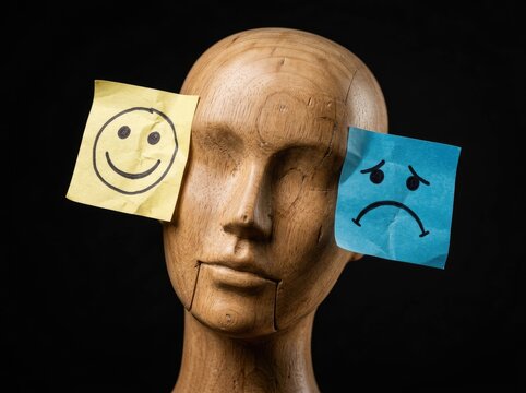 Wooden head with happy and sad sticky notes ideal for mental health content symbolizing mood swings bipolar disorder and emotional balance